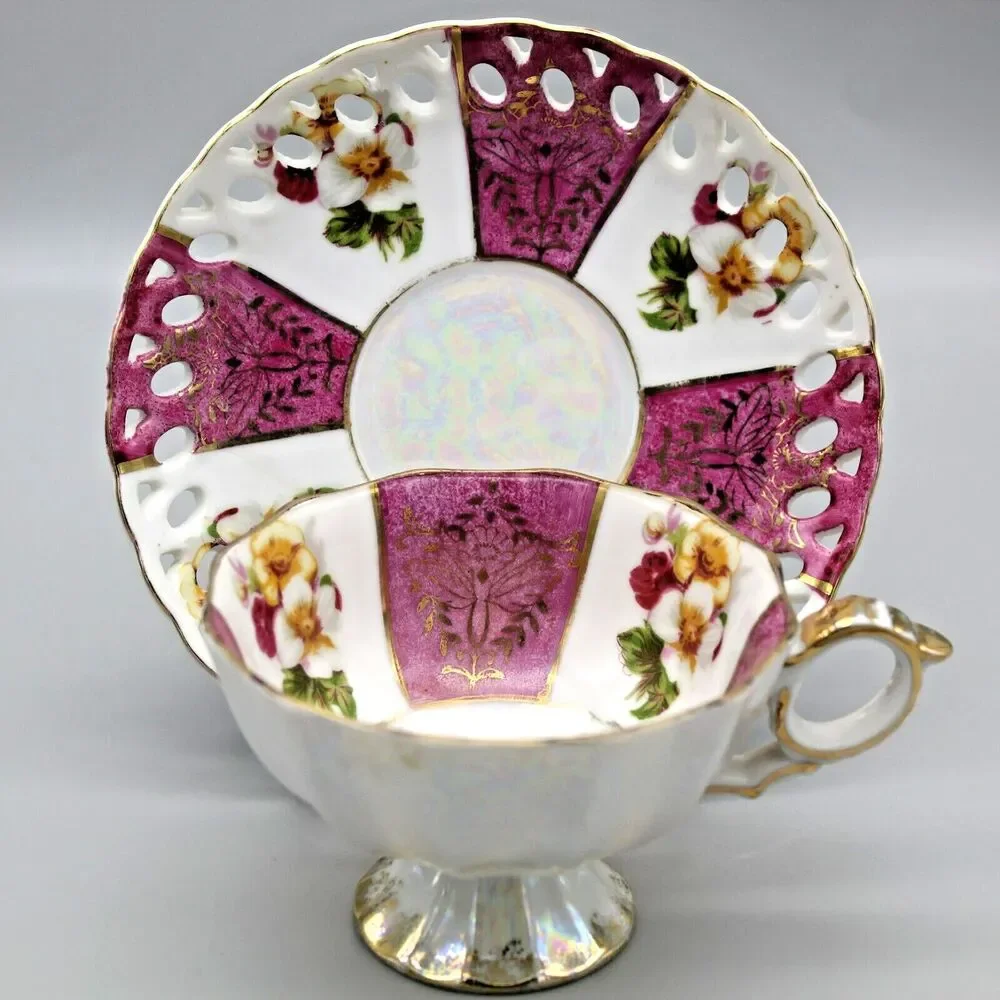 Lusterware Floral Cup & Saucer Set Pink Stripes Reticulated Saucer Vintage